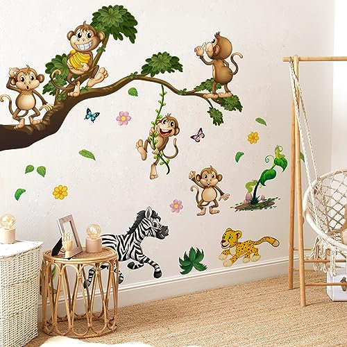 HGDESIGN® Wandtattoo Wandaufkleber Wald Tiere Dschungel Affe Faultie Koala Tiger Löwe Zoo Wandsticker Kinderzimmer Babyzimmer Kind Baby Junge Mädchen (D)