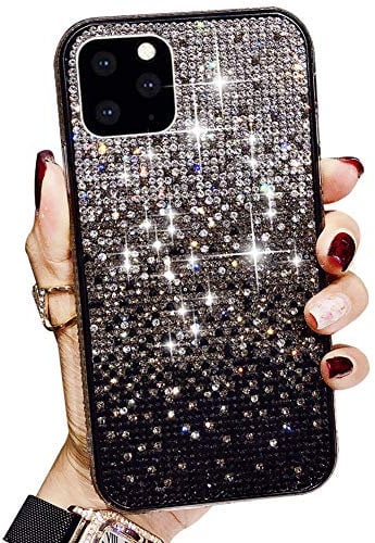 LINYUNE Compatible for iPhone 15 Pro MAX Case Gradient Bling Case with Glitter Sparkle Diamond, Surround Shiny Crystal Rhinestone TPU Bumper Protective Case Cover for iPhone 15 Pro MAX - Black