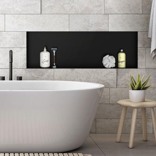 LuxeBath Wandnische aus Edelstahl, 90x30x10 cm, Schwarz, Duschnische, Randlos, Einbauregal, Flexibler Einbau, Befliesbare Nische für Badutensilien, Duschablage, Einzelregal, Lagerung für Badezimmer