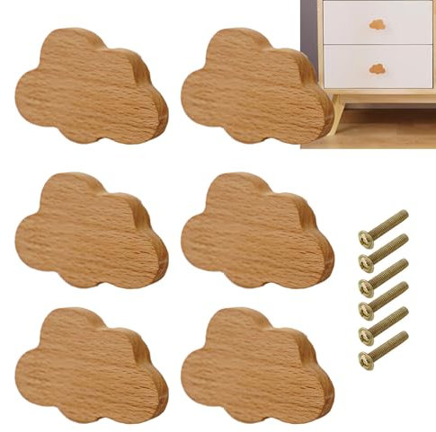 Suwooy Tiradores Para Muebles,Tiradores De Madera Para Armarios,Tiradores Para Cajones De Habitaciones Infantiles,Estrellas y Lunas y Nubes Tiradores Para Puertas,Pomos 6 Piezas,Clouds