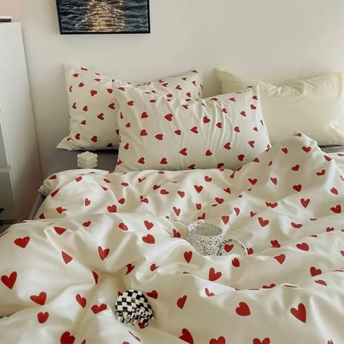 Housse de Couette Coeur Rouge Amour Coeur Design Minimaliste Parure de Lit 220X240 Moderne Petit Coeur Motif Housse de Couette Réversible Romantique Simple Décoration D'Intérieur Housse de Couett