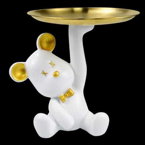 LPAMABA Statue Ours avec Plateau, Plateau Clef Entree, Statue Decoration Animaux, Statue Plateau de Rangement, Statue Deco avec Plateau,Statue Ours Blanc, pour Clé, Bijoux,Petits Objets,Salon
