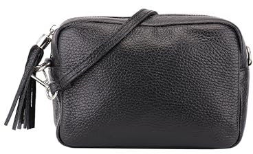 SH Leder Echtleder Umhängetasche kleine Tasche Abendtasche Clutch Crossbody Bag Messenger Handtasche mit Reißverschluss 18x13cm Tina G296 (Schwarz)