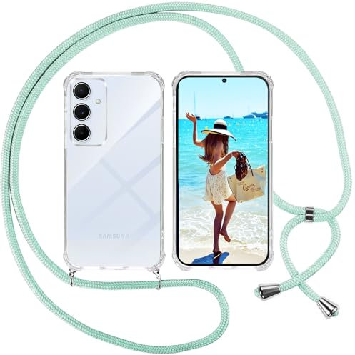 ISOI Funda con Cuerda para Samsung Galaxy A55 5G, Carcasa Transparente TPU Suave Silicona Case con Correa Colgante Ajustable Collar Correa de Cuello Cadena Cordón, Verde