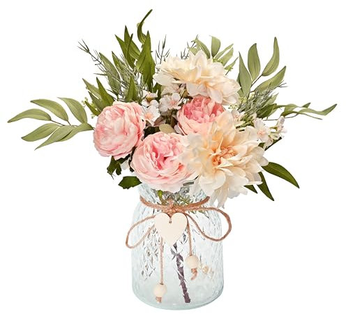 Yorkmills Fake Flowers with Vase, Pink Silk Roses Artificial Flowers in Vase Silk Flowers Arrangement with Vase Suitable for Home Spring Decor Office Decoration, Dining Table Centerpiece