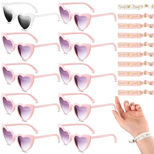 Fiada 20er Set JGA Herzbrillen Braut Herz Sonnenbrillen Bride Braut Armbänder Team Bride Brautjungfern Armband, Accessoires für Junggesellinnenabschied Party Deko Frauen Foto (Weiß und Rosa)