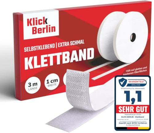 Klick Berlin Klettband Selbstklebend | 1 cm x 3 m | Extra schmal | Klett Klebeband klebt auf vielen Flächen | Klettverschluss | 10 mm breit, 3 Meter lang Weiß