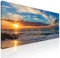 Quadro moderno mare XXL, quadro decorazione parete soggiorno Tramonto sulla Spiaggia con Onde e Cielo Colorato stampa su tela, intelaiato pronto da appendere seal10-80x30 cm