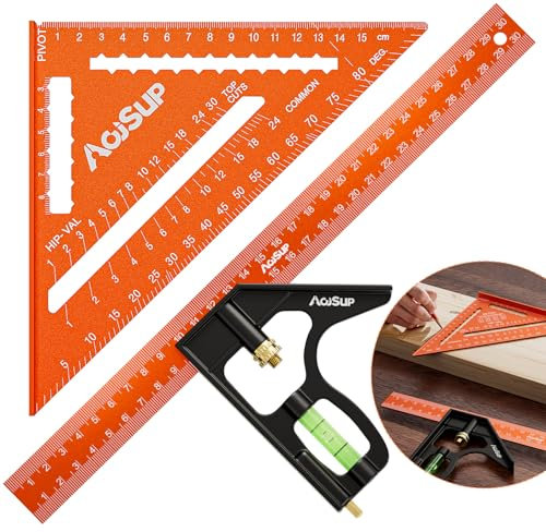 AojSup Zimmermannswinkel Set, 180mm Dreieckslineal & 300mm Kombinationswinkel mit Wasserwaage, Anschlaglineal Kombinationswinkel Lineal aus Aluminiumlegierung für DIY, Holzarbeiten, Heimarbeit