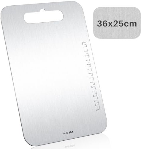 Blulu Planche à Découper en Acier Inoxydable Planche à Découper de Camping en Métal en Acier Inoxydable 304 de Qualité Alimentaire avec Trou pour Doigts Dulcimer(36 x 25 cm)
