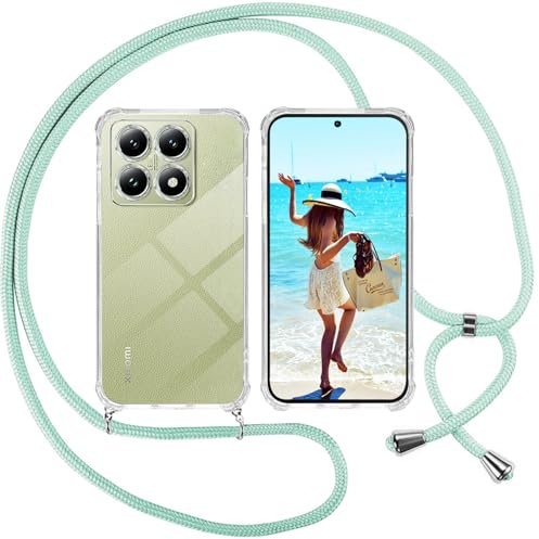 ISOI Funda con Cuerda para Xiaomi 14T, Carcasa Transparente TPU Suave Silicona Case con Correa Colgante Ajustable Collar Correa de Cuello Cadena Cordón, Verde