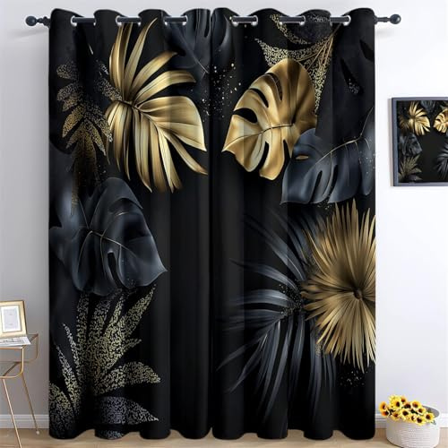 Vorhänge Moderne Elegante Tropische Blätter Blickdichte Gardinen mit Ösen Thermo Verdunkelungsvorhänge Schwarz Gold Wohnzimmer Schlafzimmer H215 x B110 cm 2er Pack für Teenager
