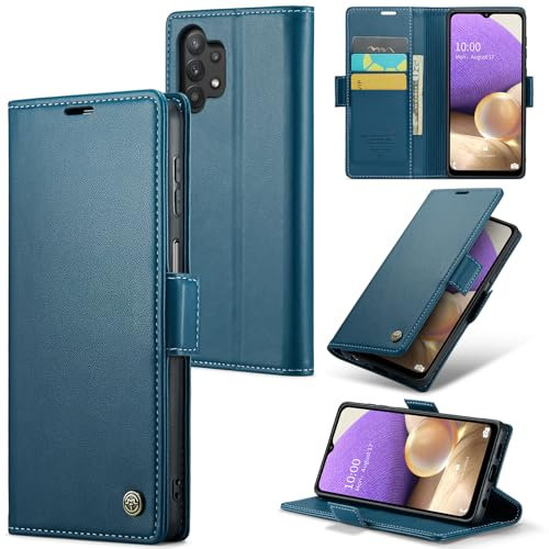 Rerzoiro Handyhülle für Samsung Galaxy A32 5G Hülle, Premium PU Lederhülle Klappbar Flip Case [RFID Blocker] Tasche Magnet Kartenfach Klapphülle Schutzhülle für Samsung Galaxy A32 5G, Blau