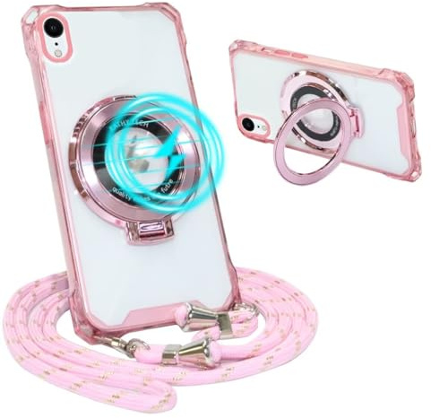 Belzsxy Magnetische Handykette für iPhone XR mit Band [Kompatibel mit Mag-Safe] Kameraschutz Galvanik Transparent Silikon Case Abnehmbar Kordel zum Umhängen Handyhülle Schutzhülle,Rosa