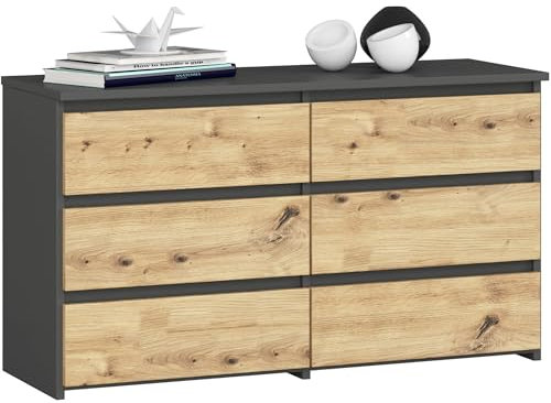 AKORD | Kommode CL-100 mit 6 Schubladen | Komodenschrank | Funktional | Für Wohnzimmer | Für Schlafzimmer | Langlebig | Rollenführung | ABS-Kante 35x100x57cm | Graphitgrau + Artisan Eiche Front
