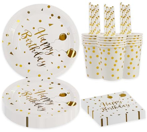 BOKFJBP 80Stück Geburtstag Party Geschirr Set, Weißgold Party Dekorationen liefert Geschirr Teller Servietten Papier Tassen Strohhalme für Kindergeburtstag Deko Junge Mädchen dient16 (Weißgold)