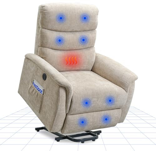 FLEXISPOT Relaxsessel, Aufstehsessel mit versteckter Becherhalter & Armlehnen-Aufbewahrung, Massagesessel mit Heizungfunktion im Wohnzimmer, Fernsehsessel, Liegesessel mit USB (Beige)
