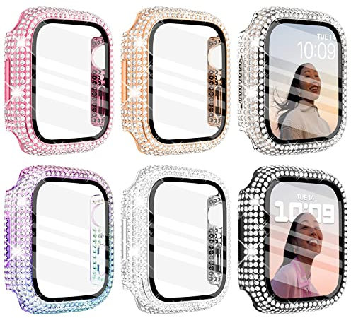 Wingle Paquete de 6 fundas para Apple Watch Series 11 10 de 42 mm con protector de pantalla, más de 400 diamantes de cristal brillante para Apple Watch, protector de pantalla de vidrio templado para