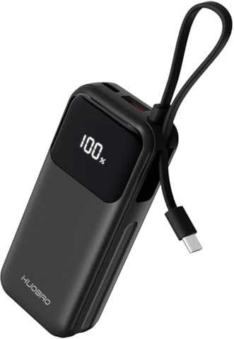 HUOBAO Power Bank 35W,10000mAh Powerbank eingebautem USB-C Kabel,Schnelles Laden mit 1 x USB-C, 1 x USB-A,Klein Externer Handyakku für iPhone 16/15/14/13/12/11/XS,Samsung/Android, iPad etc(Schwarz)