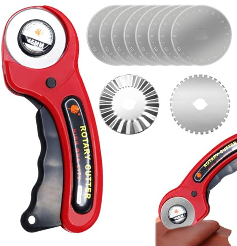 Rollschneider für Stoffe – 45mm rotierender Cutter – 3 Ersatzklingen – für präzises Schneiden von Stoffen, Papier, Vinyl, Leder, Schaumstoff, und mehr – Ergonomischer, rutschfester Griff