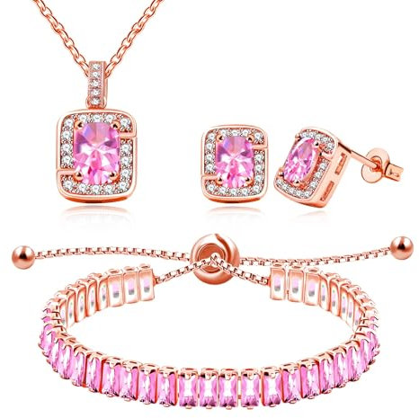 Oneress Rose Gold Plated Jewelry Set for Women - Pink Cubic Zirconia Necklace Stud Earrings and Tennis Bracelet Set for Birthday Anniversary Mother's Day Christmas Y3611