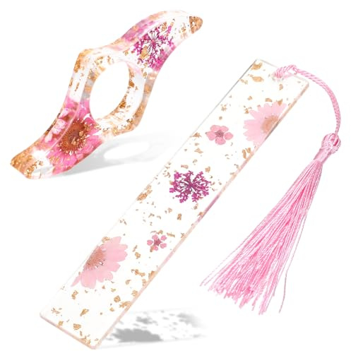 Yuanchu 2pcs Book Page Holder, Dried Flower Resin Thumb Book Page Holder and Tassels Book Mark Handmade Book Accessories for Reading Lovers Bookworm Readers Teachers Birthday Gift(Pink Daisy)