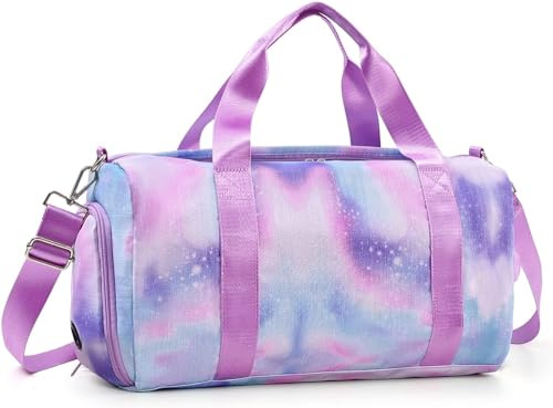 Teens Women Travel Bagwith Shoe Compartment & Wet Compartment Swimming Bag, Children's Girls Travel Bag for Gymnastics Swimming Cute Colourful Dance Bag Rainbow Pattern Sports Bag, Purple,