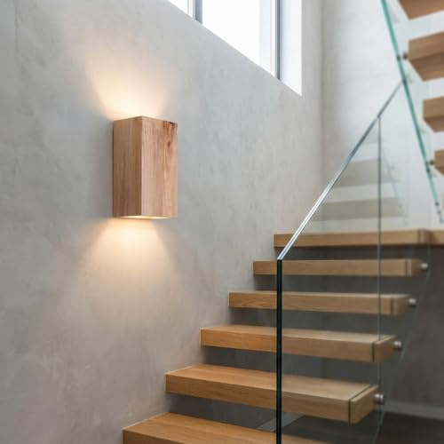 Alpinaluz Aplique de Pared Rectangular de Madera Maciza con Luz Bidireccional Arriba y Abajo, 2 Casquillos GU10, Estilo Nórdico Moderno para Interior en Escaleras, Salón y Dormitorio