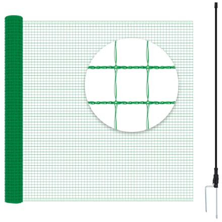 WOLTU Geflügelnetz, mobiler Zaun 15x1,2 m engmaschig, Hundezaun Gartenzaun Steckzaun Campingzaun Absperrzaun, mit 9 Pfählen Windenseilen Erdnägeln Kabelbindern, Grün