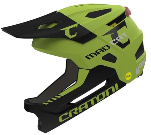 Cratoni Kinderhelm Madcat MIPS, robuster Fullfacehelm für Kinder, Fahrradhelm MTB-Helm Allroundhelm, Kinnbügel abnehmbar, größenverstellbar, inkl. Rücklicht, Unisex, Größe S/M (49-56 cm)