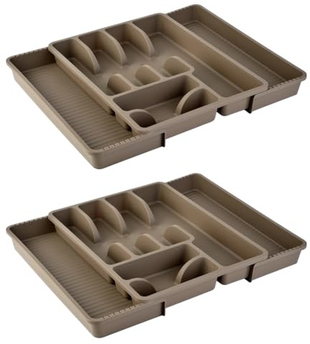 Engelland - 2 x verstellbarer Besteckkasten, Braun, Besteckkorb mit 8 Fächern, Kunststoff, BPA-frei, Besteckhalter, Besteckeinsatz für Küchenschubladen, Maße: 29-51 x 38 x 5 cm