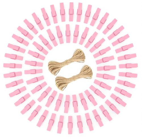jijAcraft 3,5 cm Holz Wäscheklammern Babyrosa: 100 Stück Holzklammern | Mini Fotoklammern mit 20 m Juteschnur für Fotowand, Babyshower, Hochzeit, Valentinstag und Basteln