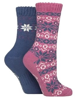 Jeep Women’s 2 Pairs Fair Isle Thermal Boot Socks – Brushed Terry-Loop Interior, Thick Cushioned, Warm & Breathable with Soft Top Cuff, Outdoor Winter Comfort, Size UK 4–8 Rose/Blue
