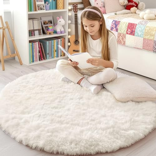 smiry Flauschig Hochflor Teppich Wohnzimmer, Rund 120x120 cm, Creme | Rutschfest Waschbarer Moderner Teppiche Kuscheliger Wohnzimmerteppich fürs Kinderzimmer Schlafzimmer