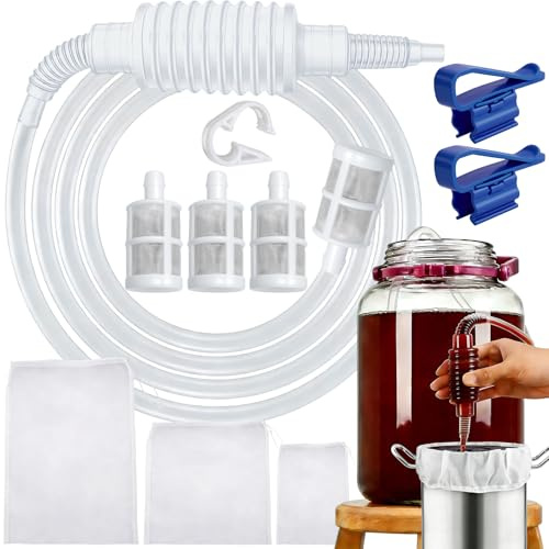 Nadinsta Weinheber Abfüllschlauch Länge 2.5M mit 3 Filter Braubeutel | Brew Siphonröhre Silikon, Extra Großer Filterbeutel, Wasserstopp Clip, Pumpe Filter, Halteklammer für Wein Bier Herstellung