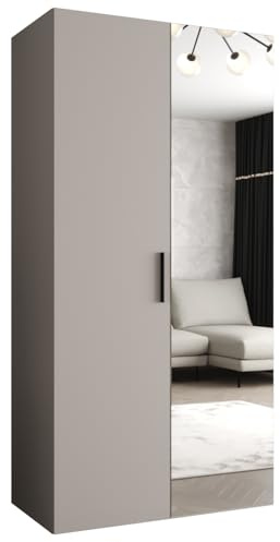 MEBLE KRYSPOL - Kleiderschrank - Garderobenschrank - 100 cm x 202 x 52 cm - Schrank mit Kleiderstange und Spiegel, 2 Türen - für Schlafzimmer, Flur - BARI, Kaschmir, Griff Schwarz