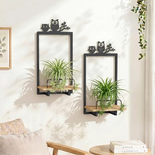 Shineled Wall Planter for Indoor Plants 2PK, Floating Wall Shelf with Oak Wood, Magnetic Animal Wall Plant Holder, Decorative Plant Wall Shelf Home Decor (OWL)