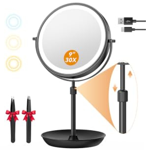 Auxmir 30X/1X Kosmetikspiegel mit Beleuchtung, 9 Zoll LED Schminkspiegel | 9 cm Höhenverstellbar, 3000mAh Akku, 3 Lichtfarben, Stufenlos Dimmbar, 360° Drehbar für Makeup, Hautpflege, Schwarz