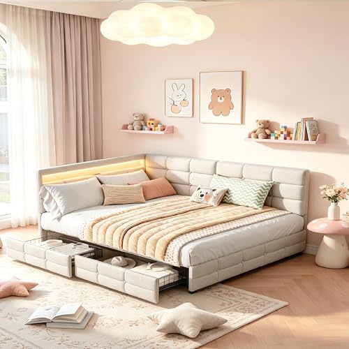 Polsterbett Jugendbett 140x200 mit Stauraum Schlafsofa Tagesbett mit LED-Beleuchtung & USB, Kinderbett Doppelbett mit 2 Schubladen, Cabriolet Eckbett Gästebett Daybett Bettgestell mit Lattenrost