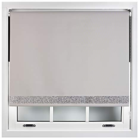 FURNISHED Blackout Roller Blinds With Glitter Edge - Trimmable Thermal UV Protection Fabric Easy Fit Sparkle Glitter Blind for Windows, Grey 120W x 165H cm
