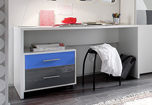 Möbel Akut Schreibtisch Colori Tisch in weiß mit Rollcontainer in blau und grau