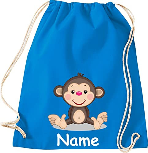 Shirtinstyle Gym Sack Kinder Turnbeutel Tiere AFFE mit Wunschnamen, Beutel Tasche Hort Kita, Farbe Sapphire