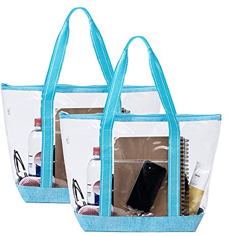 VENO Pack de 2 Bolsas Transparentes con Cremallera y Bolsillo, Bolsa Impermeable de Vinilo Transparente de PVC, Bolsa de Playa, Piscina, Juegos, Parque Acuático, Exterior(Pack de 2, Cian)