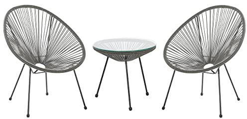 Beliani Balkonset Dunkelgrau Polyrattan Beistelltisch mit 2 Stühlen Spaghetti-Optik Modern Mexikanischer Stil Outdoor Balkon Terrasse Garten Möbel