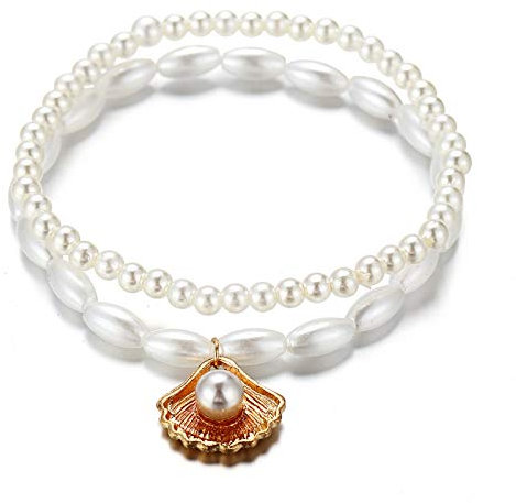 Yienate Bracelet de cheville élastique avec perles de coquillage, chaîne de pied, fausses perles, bijoux de cheville pour femmes et filles