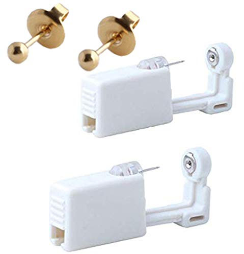 Self Ear Piercing Gun Earring Disposable Ear Stud Gun Kit Sterile NoPain Tool Pack of 2 (#5 3mm Bean, Gold)