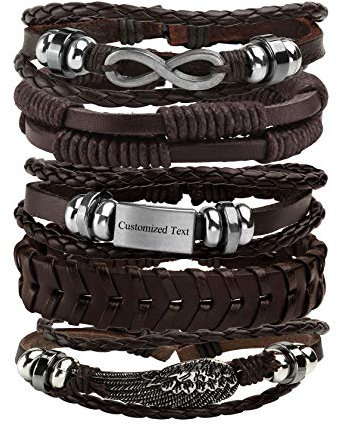 MILAKOO 5 Stück Geflochtene Lederarmbänder mit Gravur Einstellbar Manschette Armband für Männer Damen (Braun)