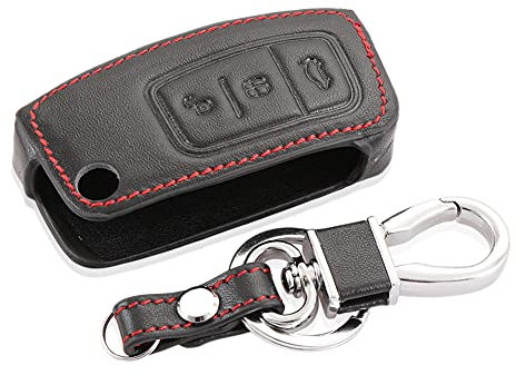 Wondder Cas de Couverture de Clé de Voiture en Cuir Porte-clés de Coiture pour Ford Fiesta Focus 2 MK2 Ecosport Kuga Escape 3 Boutons Clé Fob Intelligente (Noir)