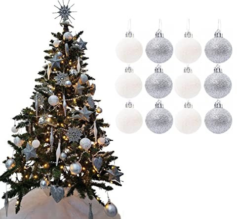 Simply Products Christmas Tree Decoration Baubles 3.8cm - Great Christmas Tree Hanging Ball Decorations, Matte & Glitter Baubles Pack of 12-3.8cm (Silver & White Glitter)
