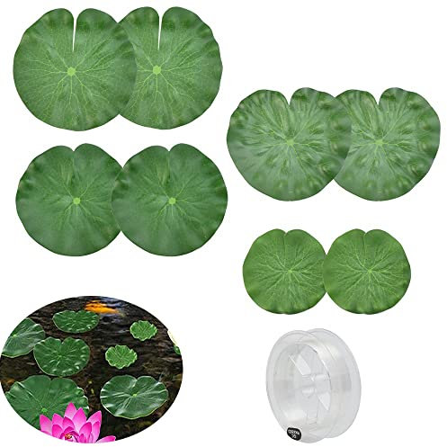 OTTYMO 8 Pcs Hoja Flor de Loto Hojas de Nenúfar Hojas Acuaticas Flotantes Hojas Flotantes en Agua, 4 Tamaños 10,5 cm, 14,7 cm, 17 cm, 20 cm para Acuaticas Piscina + Un Rollo de Sedal de Pesca 100m